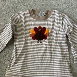 Beige Striped Long-Sleeve Kids Top with Turkey Applique